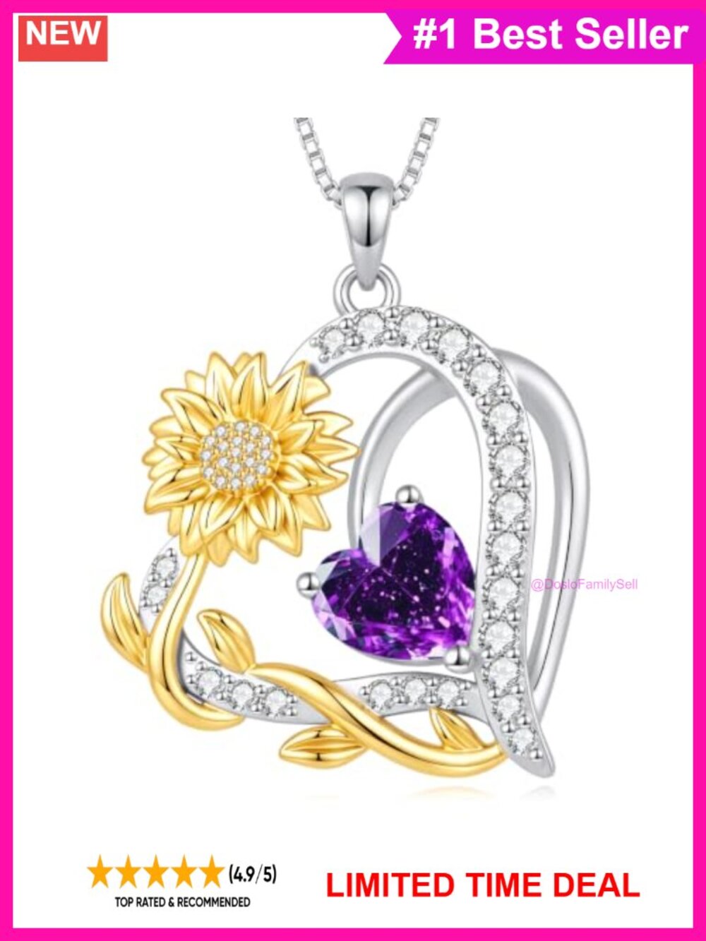 14K White Gold Plated Sunflower Heart Birthstone Pendant Necklace for Women